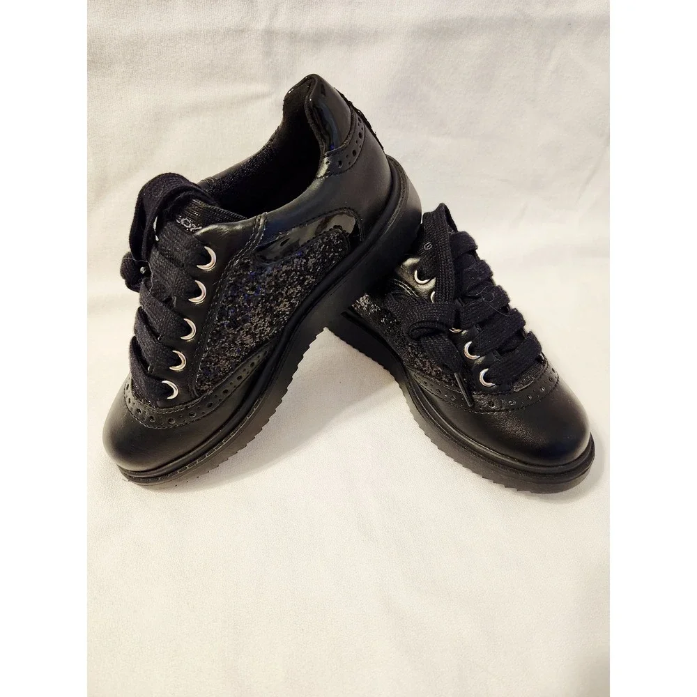 Geox Respira Kids Black Glitter Italian Patent Leather Shoes Girl Size US11 EU29